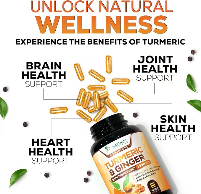 Turmeric Curcumin Supplement 1950mg with Organic Turmeric & Ginger, 95% Curcuminoids, BioPerine Black Pepper for Best Absorption, Nature's Vegan Joint Support, Non-GMO, Bottled in USA - 60 Capsules