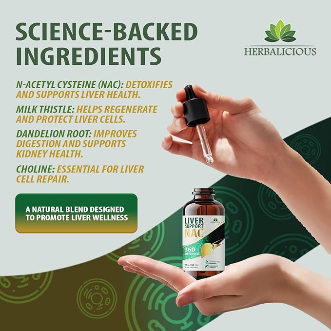 Liver Support NAC 360 Defense – Liquid Liver Health with NAC, Milk Thistle, Dandelion, Chicory, Turmeric, Chanca Piedra, Beet Root & Zinc – Supports Liver Detox, Cleanse & Cellular Health – 4 Fl Oz