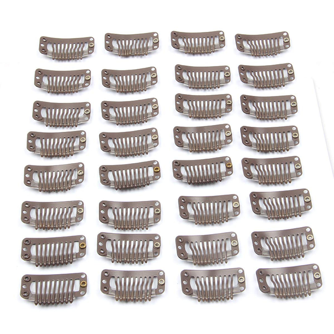 20Pcs Metal Snap Clips For Hair Extensions Diy Clip In On Hair Wigs Clip 9 Teeth 32Mm 1.2G/Pc Dark Brown Color (Brown - Dark Bro