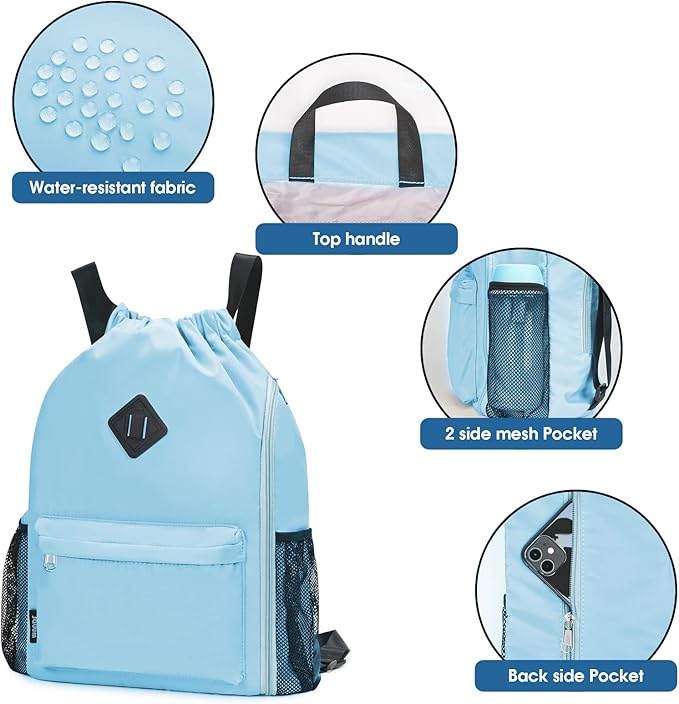 WANDF Drawstring Backpack Sports Gym Bag with Shoes Compartment, Water-Resistant String Backpack Cinch for Women Men(Large,Light blue)