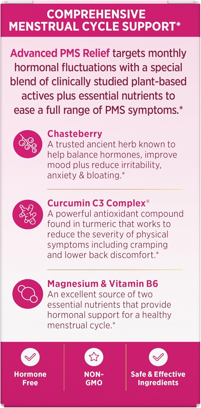 Nature's Bounty Optimal Solutions Advanced PMS Relief for Menstrual Cycle Support; Period Relief; PMS Support Supplement for Women – Chasteberry; Hormone-Free; 60 Capsules