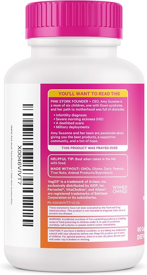 Pink Stork Total Prenatal Vitamins with DHA, Folate, Iron, Choline, and Vitamin B12 - Preconception Nutrition - Prenatals for Women, Pregnancy Must Haves - Mint Essence, 60 Capsules, 1 Month Supply