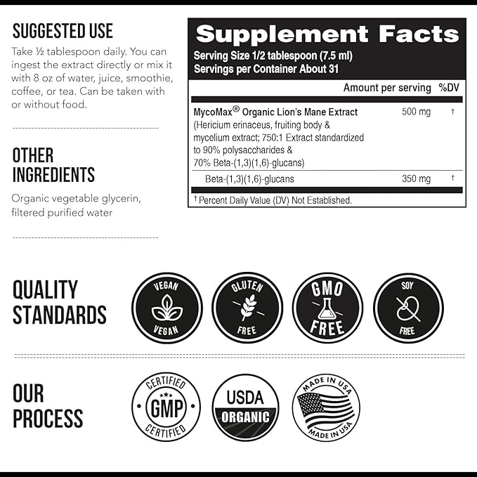 MycoMax Lions Mane Extract - 70% Beta Glucans, Max Potency Organic Lions Mane Supplement, US Grown + Ultrasonic Extraction - 500 mg per serving - Mental Clarity, Focus and Memory - 8 oz.