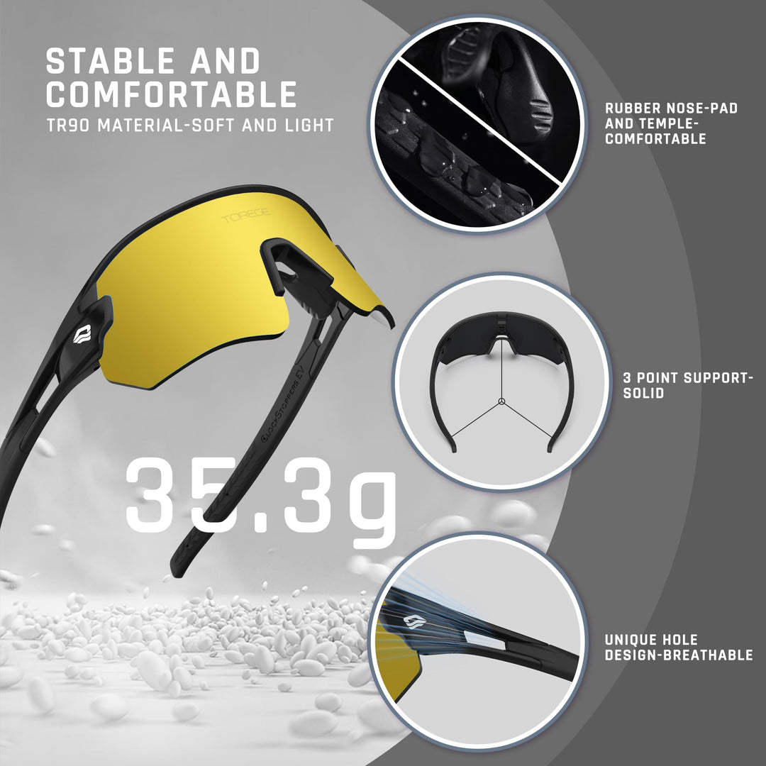 TOREGE Z87 Sunglasses for Men Women Cycling Fishing Running Driving Baseball Anti-fog Sports Sunglasses UV Protection 02EV (Light Black&Black&Gold Lens)