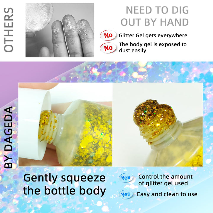 DAGEDA Body Glitter Gel, Face Glitters Body Gel Sequins Shimmer Liquid Eyeshadow, Chunky Glitter for Face Hair Nails, Holographic Cosmetic Laser Powder Festival Glitter Makeup 50ml(Gold