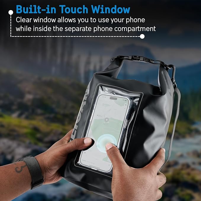 Pelican Marine IP68 Waterproof Dry Bag 5L - Roll Top Waterproof Backpack w/Phone Case/Pouch - Boating & Kayak Accessories - Essentials for Camping Swimming Beach Fishing Rafting Travel - Black