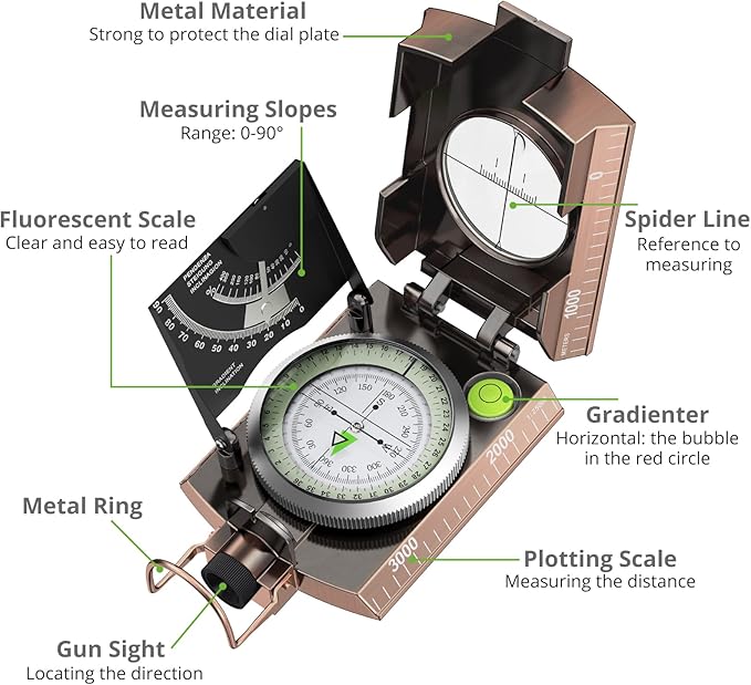 Proster IP65 Compass Hiking Survival - Lensatic Sighting Compass for Camping Navigation, Compass with Clinometer & Carry Bag for Camping Hunting Hiking Geology Activities