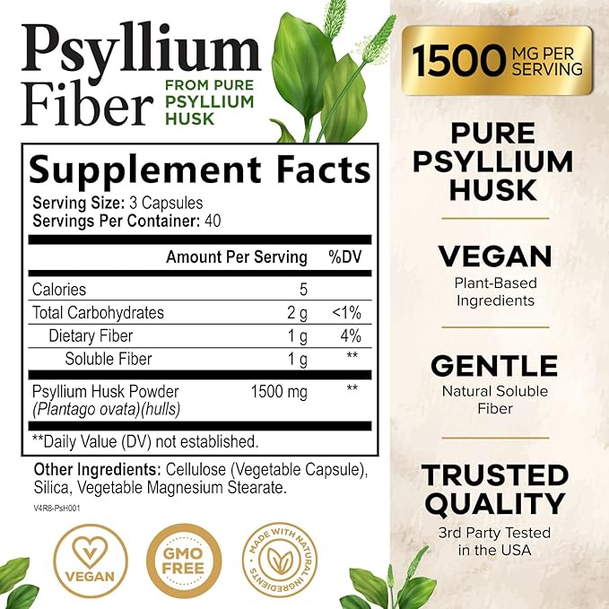 Psyllium Husk Fiber Supplement 1500mg, Natural Daily Soluble & Insoluble Fiber Pills, Psyllium Husk Powder Capsules Supports Digestion Colon Health & Regularity, Plant Based Supplement - 120 Capsules