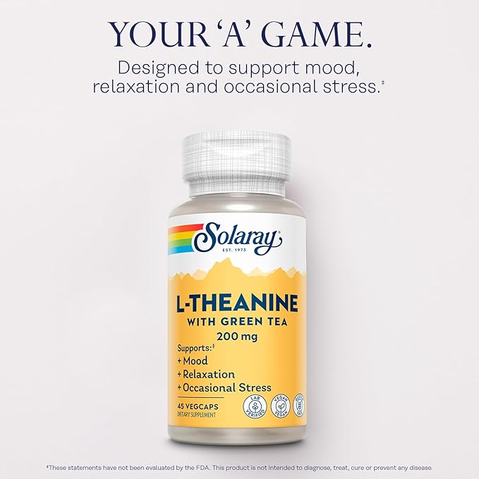 SOLARAY L-Theanine - 45 VegCaps - 200 mg + 100 mg Green Tea Leaf