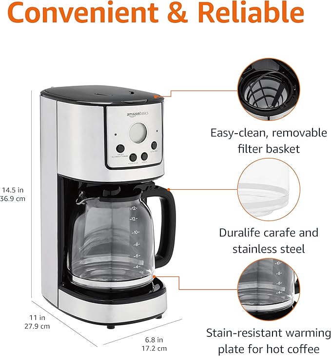Amazon Basics Programmable Coffeemaker with Carafe and Reusable Filter, Stainless Steel, 12 Cups, Black