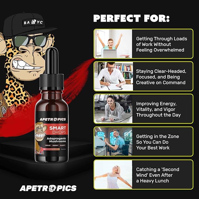 Apetropics Smart Drops - 5-in-One Adaptogenic Mushroom Tincture with Lion’s Mane, Cordyceps, Turkey Tail, Chaga, Reishi - Nootropic Brain Supplement - Peach Watermelon Flavor, 30-Servings (3 Pack)