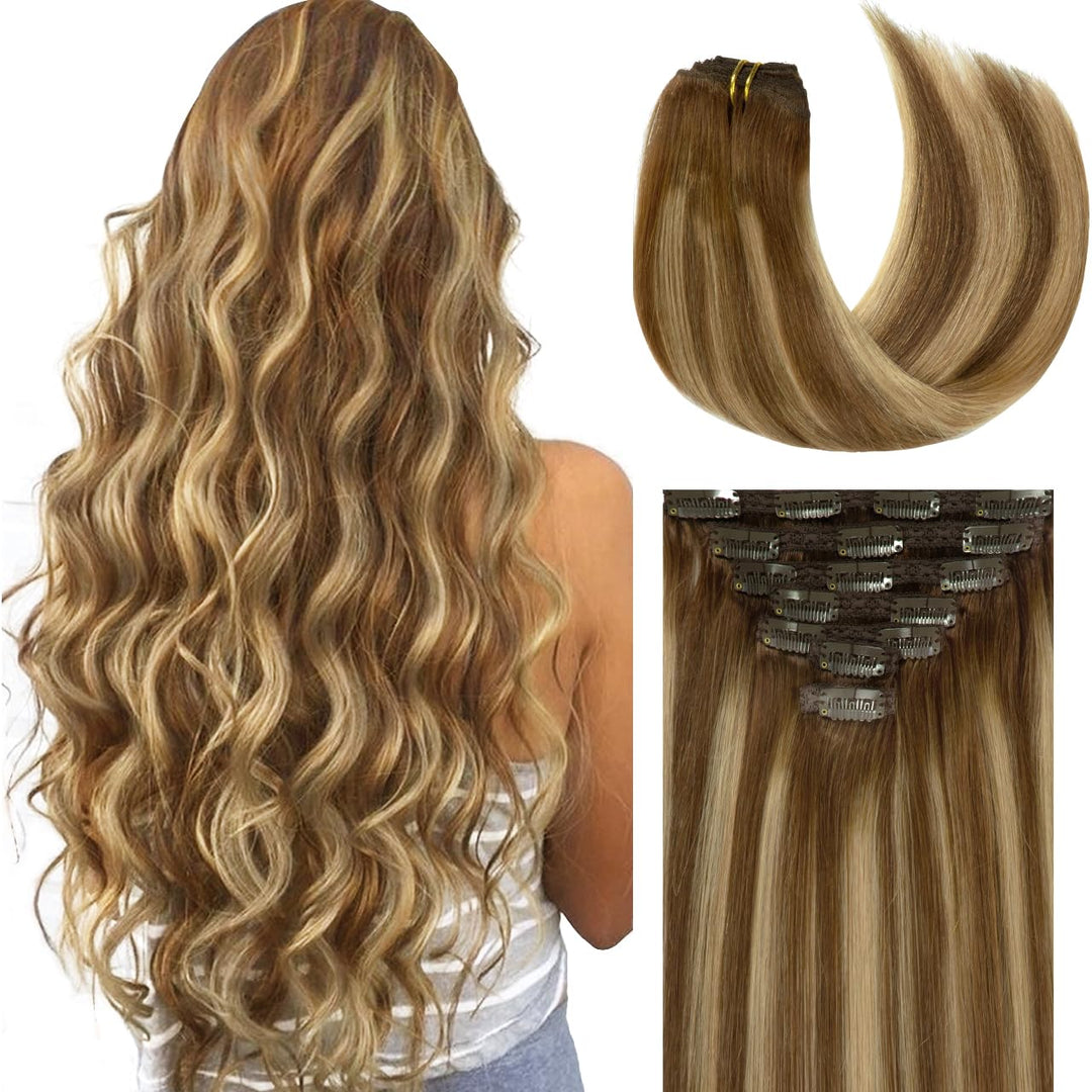Lacer 18 Inch Highlight Clip In Hair Extensions Chocolate Brown To Caramel Blonde Remy Clip In Human Hair Extensions Straight Ba