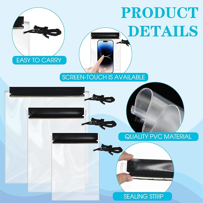 15 Pack Waterproof Bags Clear Water Tight Pouch Holder 3 Sizes Dry Bags Boating Waterproof Cases Sealable Phone Pouch for iPhone iPad Maps Camera Document Holder Kayaking Swimming Beach