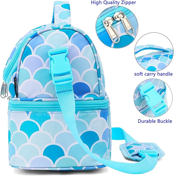 FlowFly Double Decker Cooler Insulated Lunch Bag Large Tote for Boys, Girls, Men, Women, With Adjustable Strap (Mermaid)