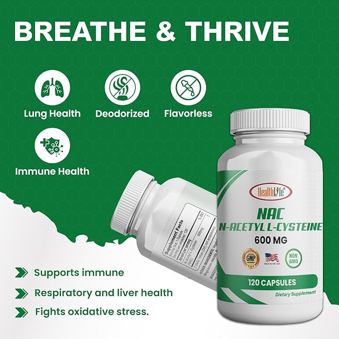 HEALTH LFE HealthLife N-Acetyl L-Cysteine (NAC) 600mg, 120 Capsules - Non-GMO, Gluten Free, 120 Servings