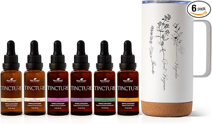 Plant Therapy Total Tincture Package Includes 30 mL Each of Organic Ashwagandha, Asian Ginseng, Echinacea Blend, Elderberry, Lemon Balm, Turmeric & Travel Mug