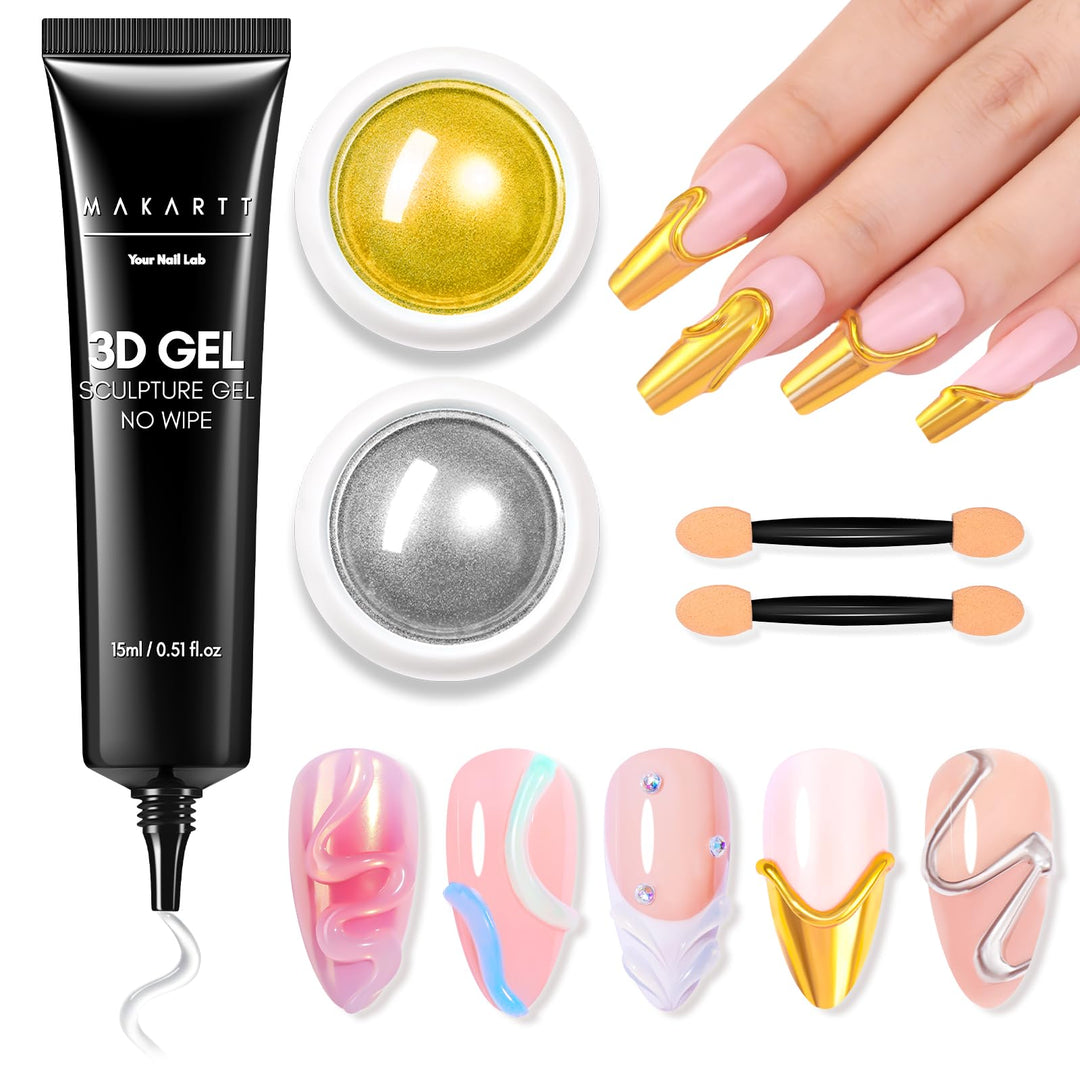 Makartt 3D Nail Gel and Chrome Nail Powder Kit, 15g Sculpting Gel for Nail Art DIY No wipe 3D Molding and Metallic Chrome Powder Set for Decoration Manicure Pedicure Use