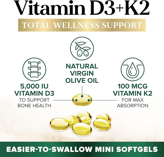 Vitamin D3 K2, 5000 IU Vitamin D3 & 100 mcg Vitamin K2 MK-7 Supplement Supports Immune Health, Bone, Heart & Calcium Absorption - Extra Virgin Olive Oil Softgel, Vitamins D & K Complex - 120 Softgels