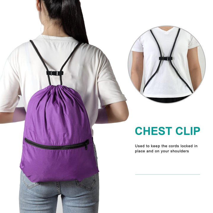 BeeGreen Purple Drawstring Backpack with Front Zipper Pocket and Inner Pocket Large 18.5" L x 13.8" W String Sackpack Cinch Sack Gym Sports Workout Athletic Bag For Men Women