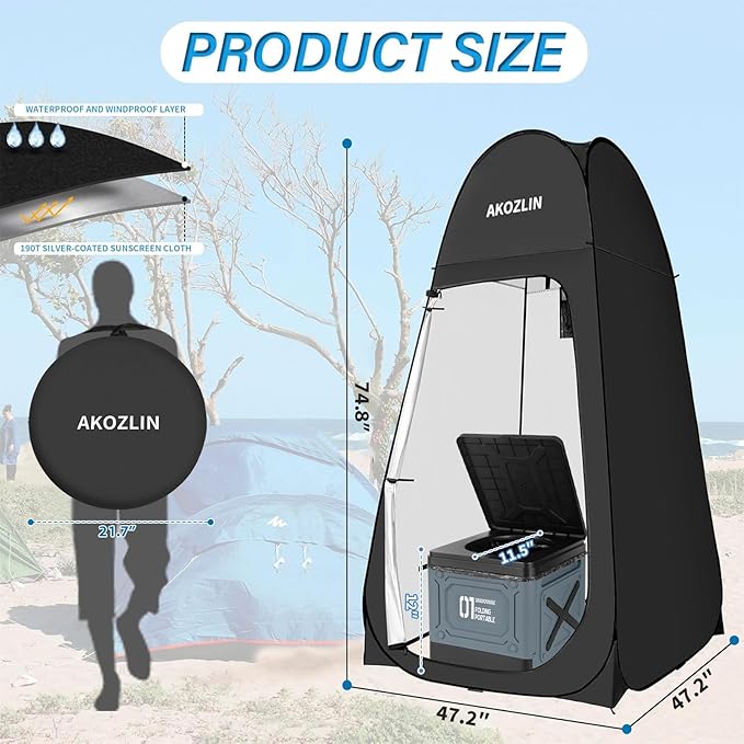 AKOZLIN Portable Pop Up Shower Tent with Camping Toilet for Camping Beach Outdoor Use 47.2" Lx47.2 Wx74.8 H