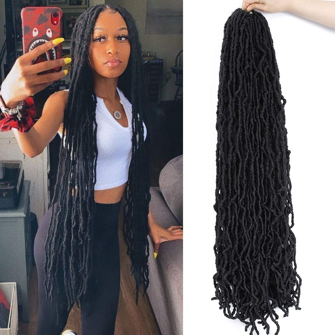 Soft New Faux Locs Super Long Goddess Crochet Hair Pre Looped Natural Braid Curly Wave Braiding Hair(36Inch #1B 6Packs)