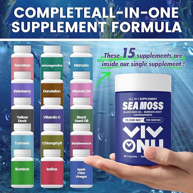 Sea Moss Black Seed Oil Ashwagandha Shilajit Ginger-Sea Moss Capsules withBurdock Turmeric Vitamins C & D3 Elderberry Ginger ACV Manuka Dandelion-Immune System,Skin,Energy Support