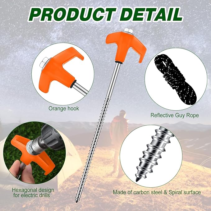 20 Pcs 8'' Screw in Tent Stakes Heavy Duty Camping Stakes Ground Anchors Metal Canopy Stakes Tent Spikes Stake Pegs with 4 x 10 ft Ropes for Sand Hiking Travel with Hex Head Driver(Orange)