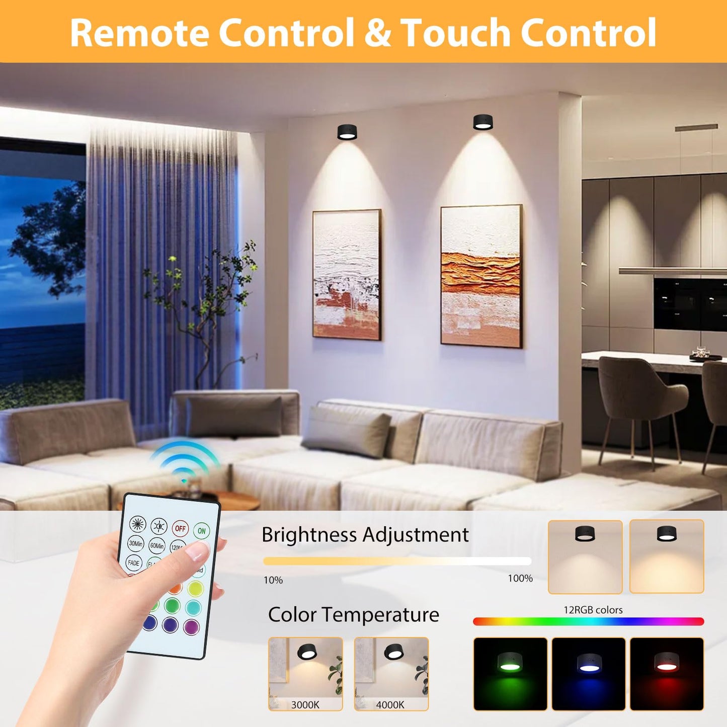 Battery Operated Wall Lamps, 2 PCS Rechargeable Wall Lights Indoor with 14 Color Modes 6 Brightness Levels, Wall Sconces 360° Free Rotation Remote&Touch Control for Bedroom Living Room Reading