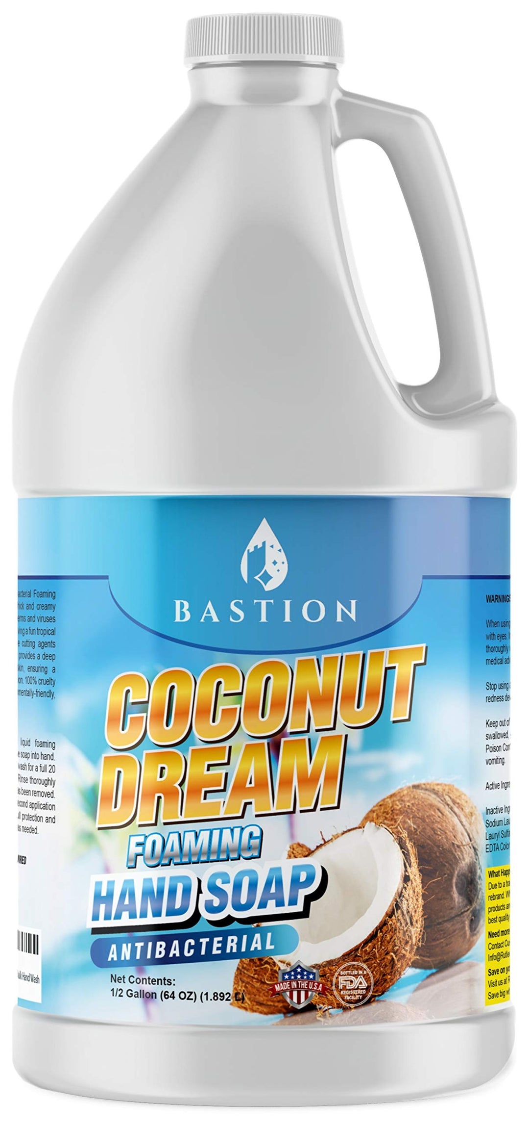 Bastion Antibacterial Foaming Hand Soap - Coconut Dream Hand Wash - Bulk 1/2 Gallon (64 Oz) Refill Jug. Coconut Dream Scented. N