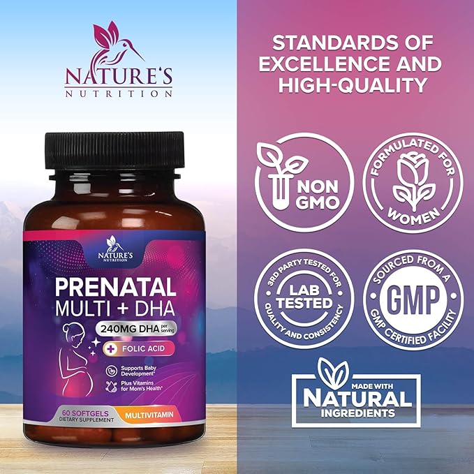 Prenatal Vitamins for Women with Folate & DHA, Prenatal Multivitamin Supports Brain Development with Folic Acid, Omega 3, Vitamin A, C, D, B6, B12 & Iron, Pregnancy Supplement, Non-GMO - 60 Softgels