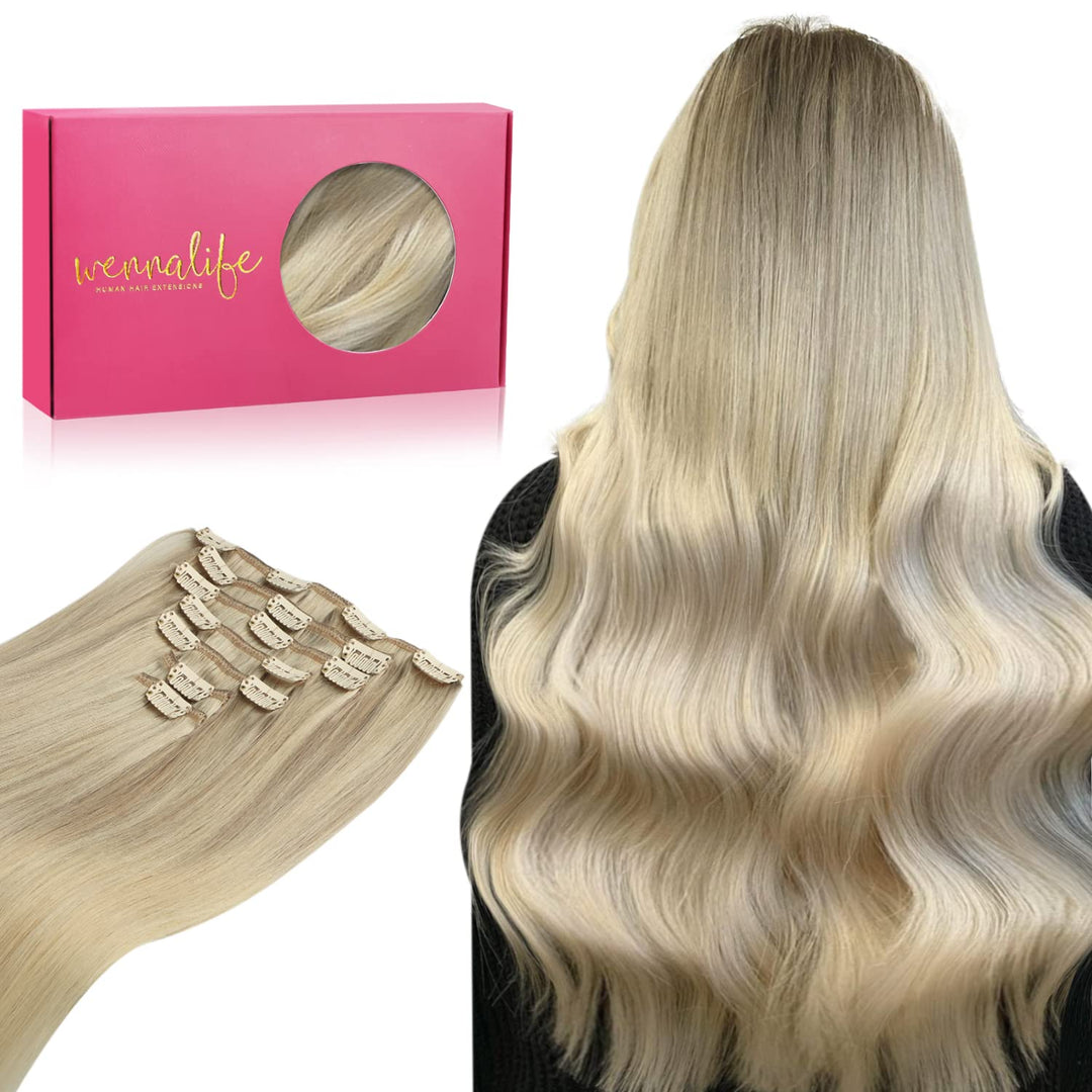 Wennalife Clip In Human Hair Extensions, 18 Inch 120G 7Pcs Ash Blonde To Platinum Blonde Ombre Clip In Real Human Remy Hair Exte