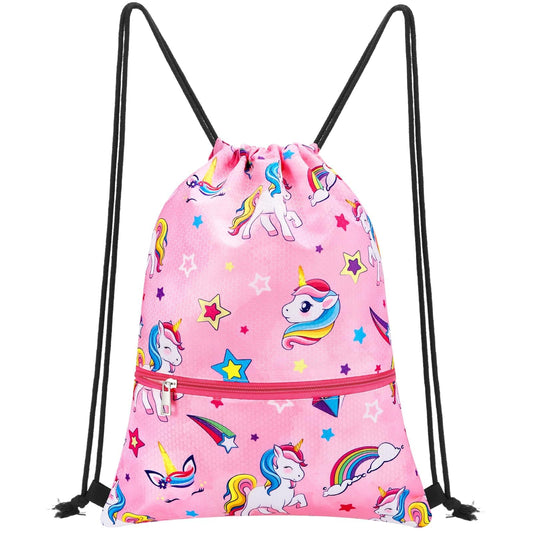 WAWSAM Pink Drawstring Backpack for Kids - Gym Drawstring Bag for kids Swim Bag Girls Dance Draw String Bag Waterproof Beach Sport Gym String Bags with Zipper Pocket Pink Cinch Backpack for Girls