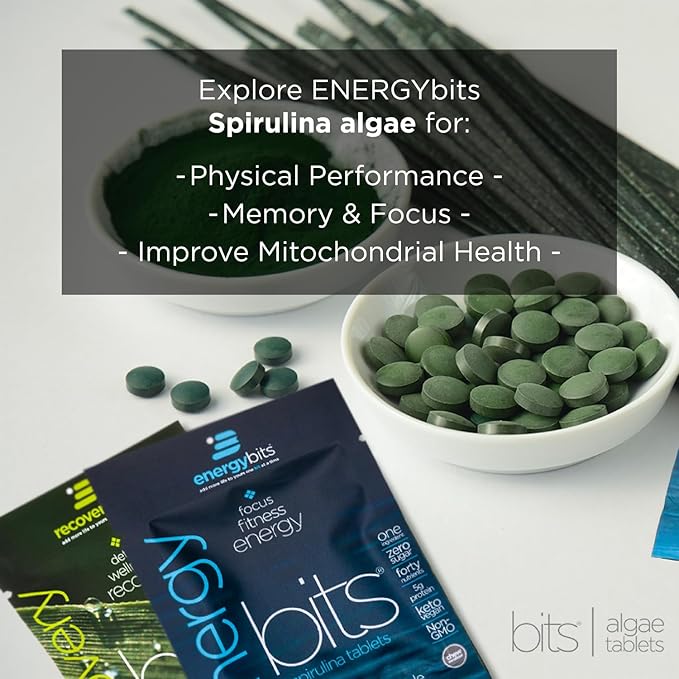 ENERGYBITS - Organic Spirulina Tablets - Plant-Based Algae Superfood - for Focus, Fitness, Energy - Plant Protein - Gluten Free - Collagen, Vitamin B12, Omega 3 - Keto & Vegan - 360 Algae Tablets