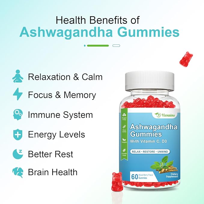 2 Pack Ashwagandha Gummies & Vitamin D Gummies for Women & Men - with Vitamin C for Support Calm Mood, Relaxation & Immune, Mixed Berry 60 Cts
