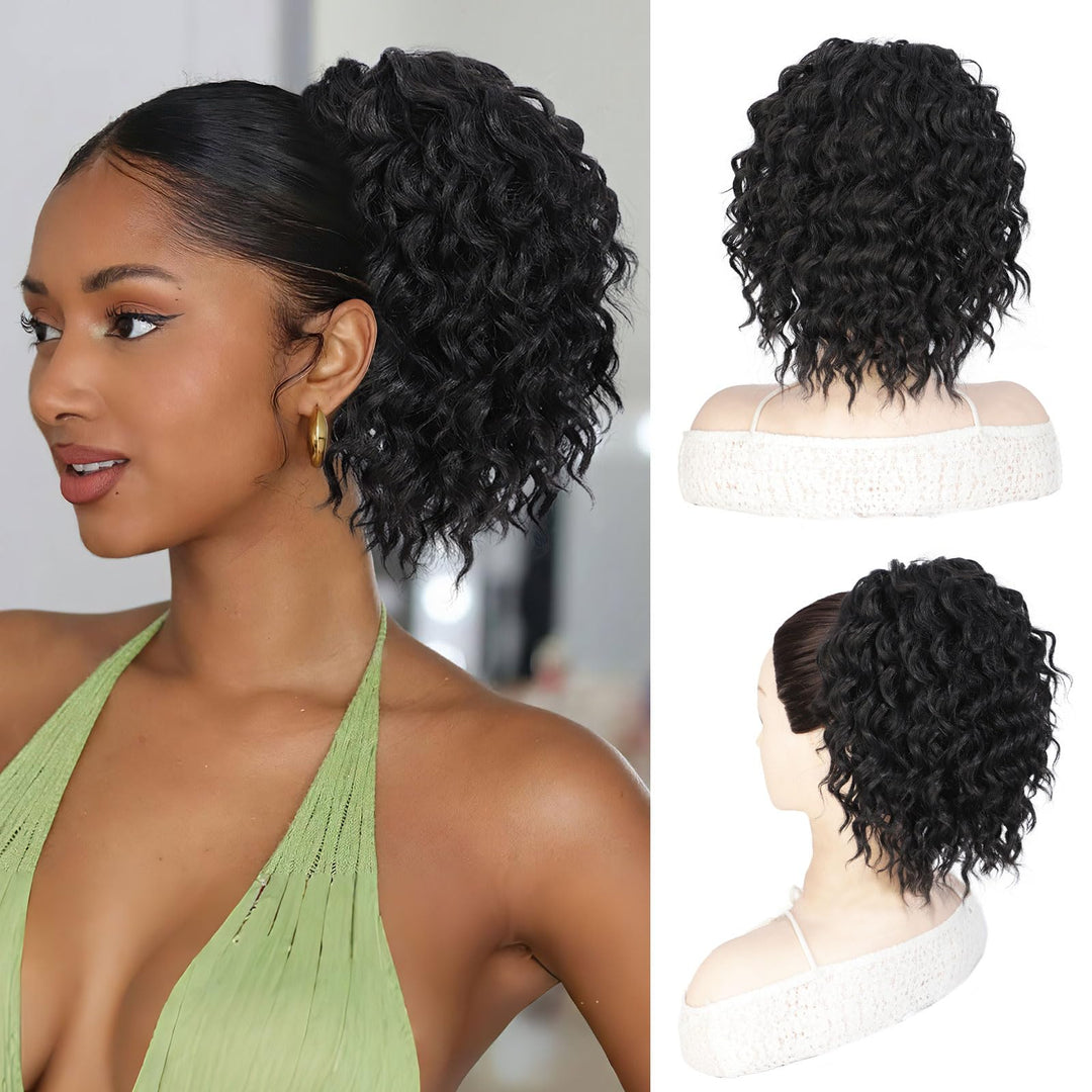 QGZ Curly Ponytail Extension,Drawstring Ponytail for Black Women 10 Inch Synthetic Short Hair Two Styles in One Versatile Pony Tails(Black)