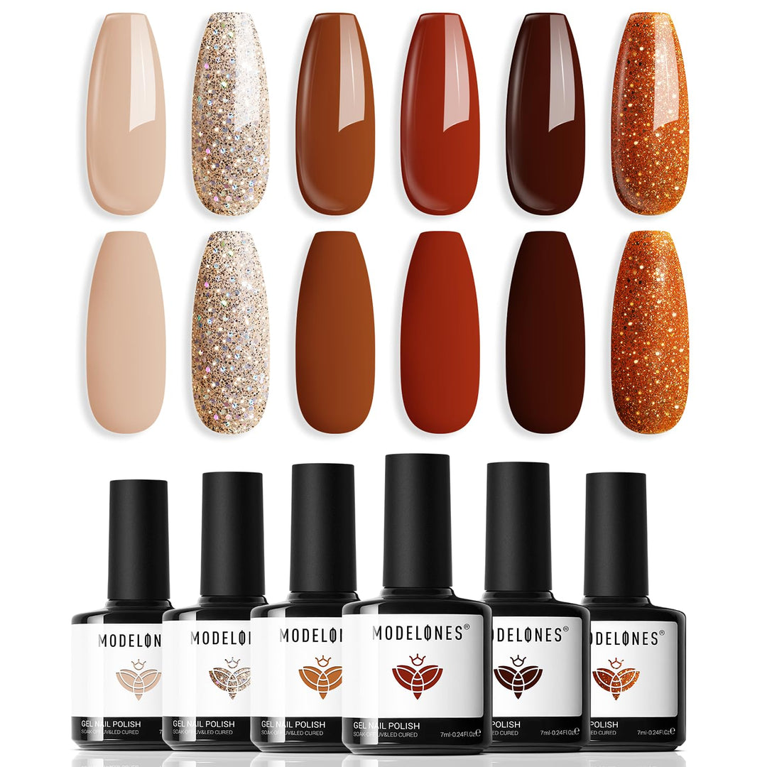modelones Gel Nail Polish Set, 6 PCS Neutral Nude Brown Gel Polish Gold Glitter Nail Gel Polish Soak OFF LED Nail Art Gel Kit Manicure Salon DIY Nails Gift
