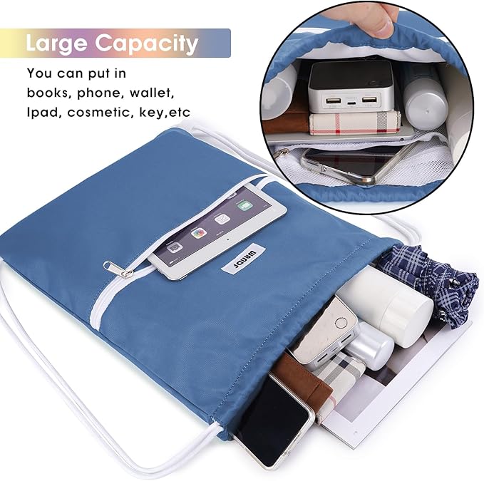 WANDF Drawstring Backpack String Bag Sackpack Cinch Water Resistant Nylon for Sport Yoga Gym Shopping (Dark Blue)