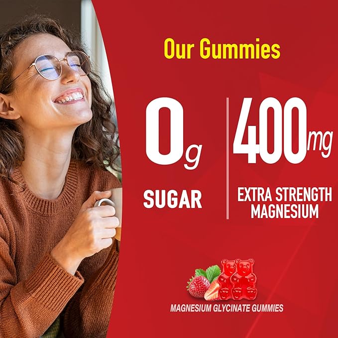 Magnesium Glycinate Gummies 400mg with Ashwagandha, Lemon Balm, CoQ10 for Energy Support & Better Zzz –Sugar Free Magnesium Gummy Supplements for Women and Men- 60 Count