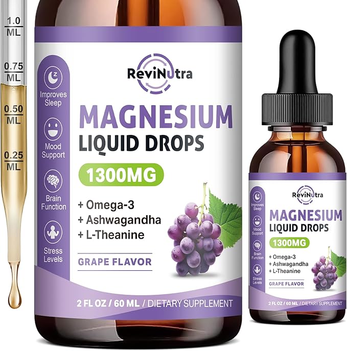 Triple Magnesium Complex Liquid Drops - 1300mg Magnesium Glycinate, Taurate & Citrate with Omega3, L-Theanine, Ashwagandha, Potassium - Support Sleep, Nerve, Immune, Energy - Grape Flavor, 2 Fl OZ