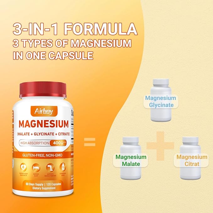 Airboy Magnesium Mineral Supplements Triple Magnesium Complex Supplement, 400mg of Magnesium Glycinate, Malate, Citrat, High Absorption Support Sleep, Muscle, and Relaxation,120 Vegan Capsules