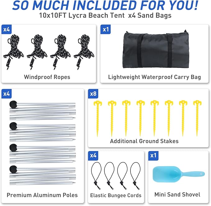 Beach Tent Pop Up Shade Canopy Sun Shelter UPF50+ with 4 Stability Poles/Carry Bag/Ground Pegs/Sand Shovel/Windproof Ropes Portable Outdoor Family Sunshade for Beach Camping(Navy Blue,10×10FT)