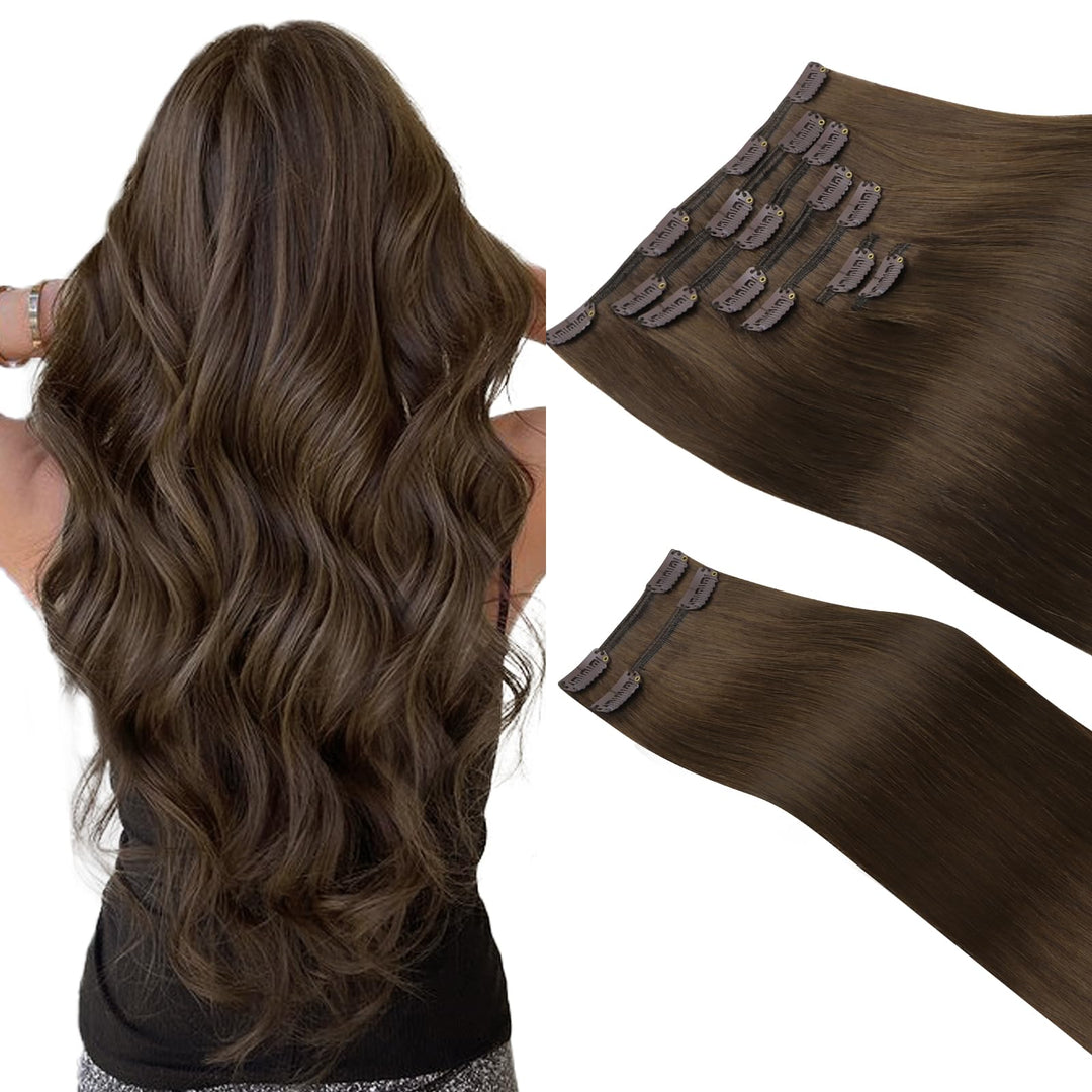 Hotbanana Clip In Hair Extensions Real Human Hair 140G 9Pcs 24 Inch Chocolate Brown Clip In Human Hair Extensions Straight Remy