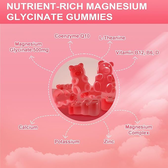 Magnesium Glycinate Gummies - Sugar Free, Magnesium Complex Potassium Supplement with Potassium, VitaminD, B6 for Calm, Sleep & Stress Relief for Adults - 60 Peach Gummies