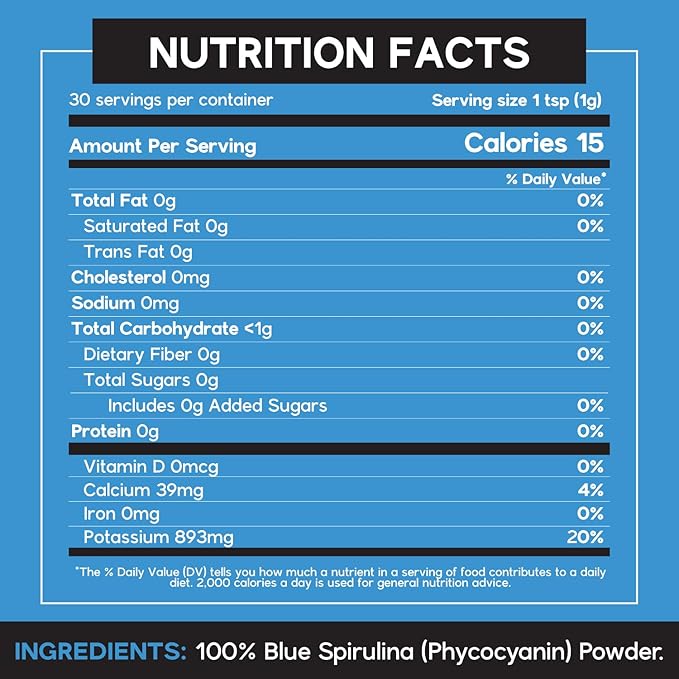 Blue Spirulina Organic Powder – Premium Non-GMO Blue Algae for Smoothies, Drinks, and Recipes – Antioxidants, Energy, and Skin Benefits – 1.06oz