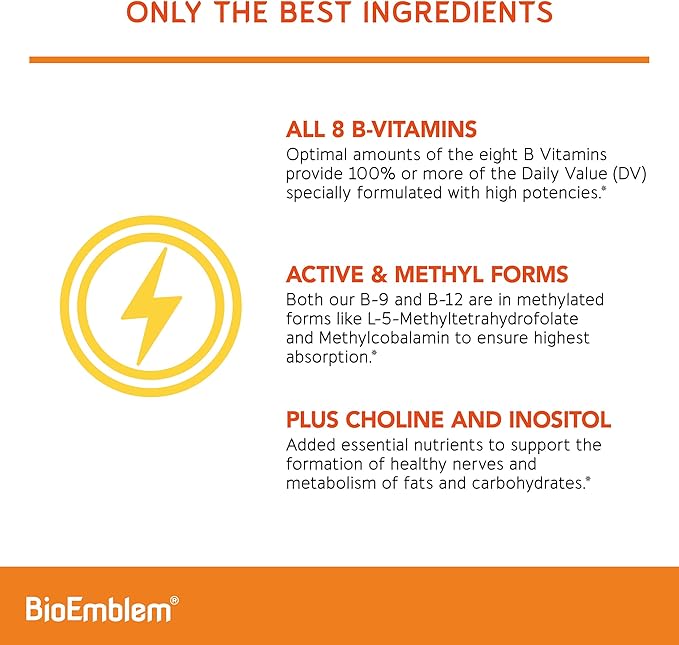 BioEmblem Vitamin B-Complex - All 8 Active Forms with Methyl Folate, Methyl B12, B6, Biotin Plus Choline Inositol, Supports Energy, Metabolism, Brain, Heart Health - B Vitamin Supplement 90 Capsules