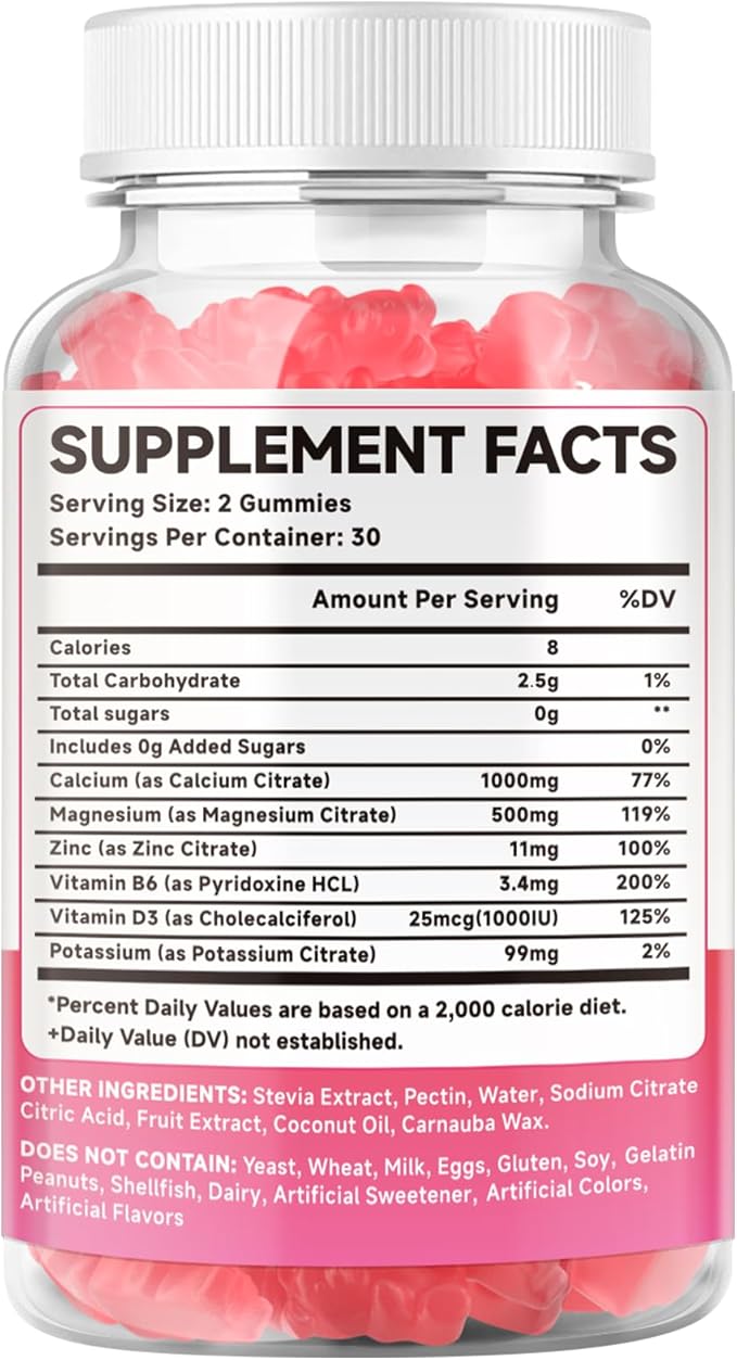 2 Pack Calcium Citrate Gummies 1000mg w/Vitamin D3, High Absorption Calcium Gummies for Women & Men, Plus Magnesium, Potassium, Zinc for Muscle & Immune, Raspberry Flavor, 120 Count