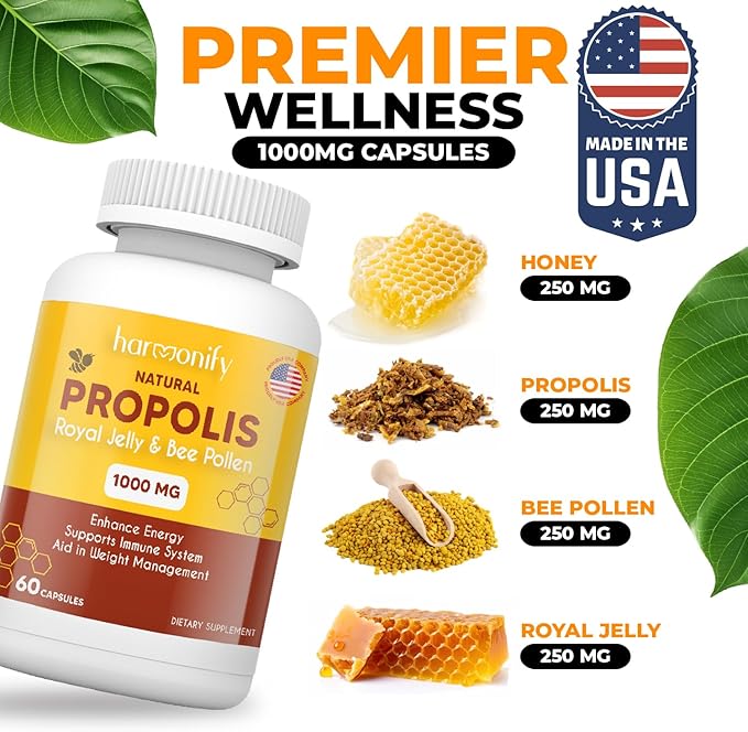 Bee Pollen Propolis Royal Jelly Extract with Carob, Pure Immune Support Supplement, Gluten-Free, Vegetarian Capsules, 1000 mg