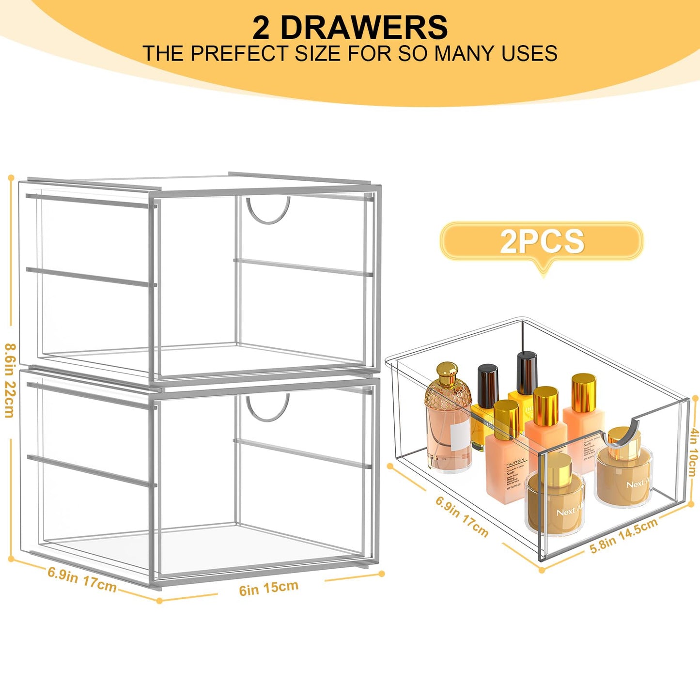 2 Pack Stackable Storage Drawers, Cosmetic Organizer, Acrylic Organiser,Desk Organisers, Dustproof Drawer Storage for Dresser, Bathroom