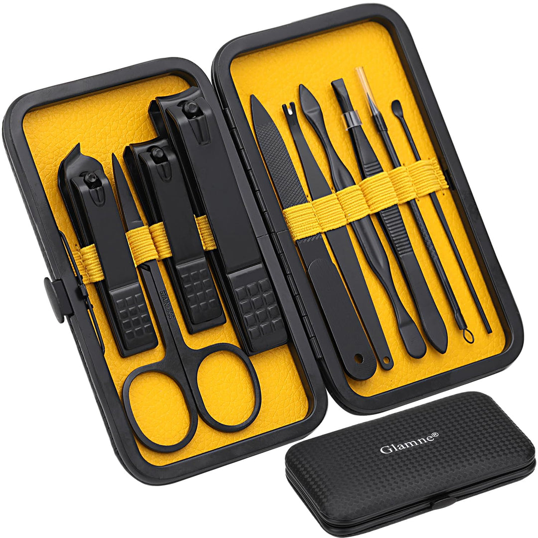 Glamne Manicure Set Nail Clippers Kit Professional Stainless Steel Nail Care Tools with Leather Travel Case 10 in 1 Yellow