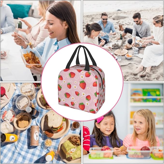 Imiss Strawberry Lunch Bag for Girls Women, Cute Fruit Strawberry Reusable Insulated Lunch Tote with Pocket Lunch Box for School Work Picnic